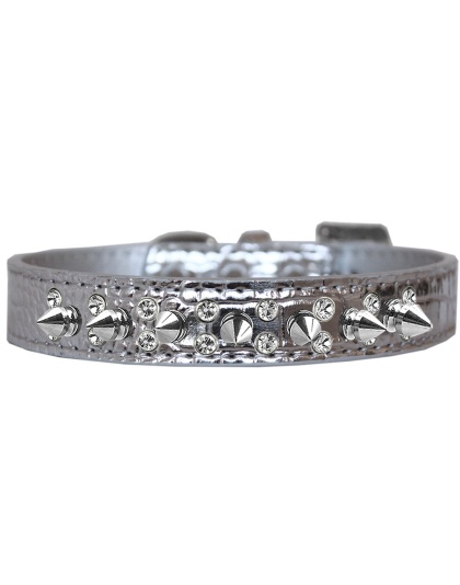 Double Crystal and Spike Croc Dog Collar Silver Size 12