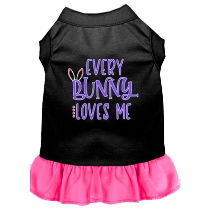 Every Bunny Loves me Screen Print Dog Dress Black with Bright Pink Lg