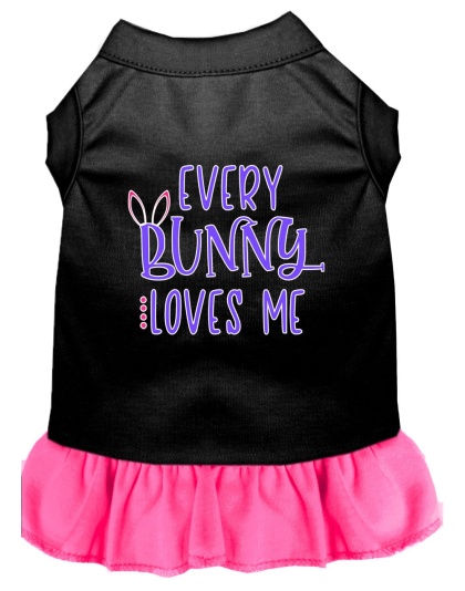 Every Bunny Loves me Screen Print Dog Dress Black with Bright Pink Lg