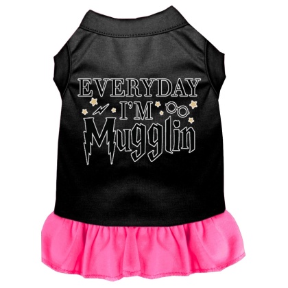 Everyday I'm Mugglin Screen Print Dog Dress Black with Bright Pink Lg