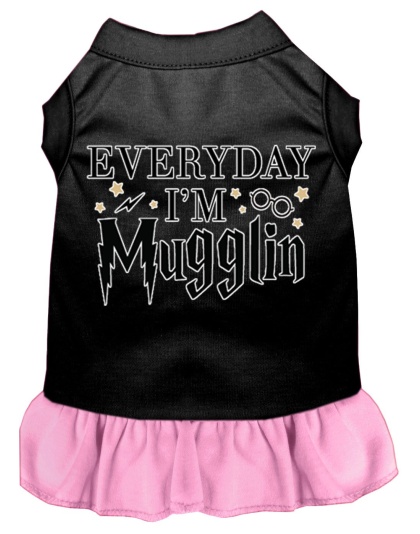Everyday I'm Mugglin Screen Print Dog Dress Black with Light Pink Lg