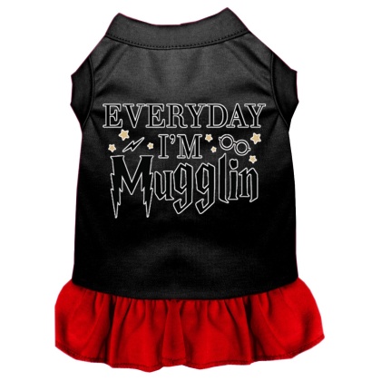 Everyday I'm Mugglin Screen Print Dog Dress Black with Red Lg