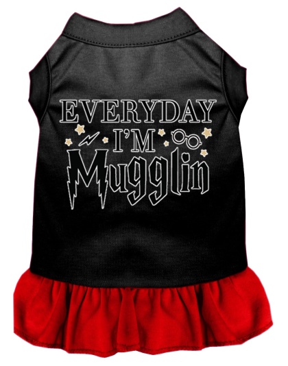 Everyday I'm Mugglin Screen Print Dog Dress Black with Red Lg