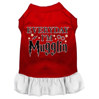Everyday I'm Mugglin Screen Print Dog Dress Red with White Lg