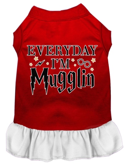 Everyday I'm Mugglin Screen Print Dog Dress Red with White Lg