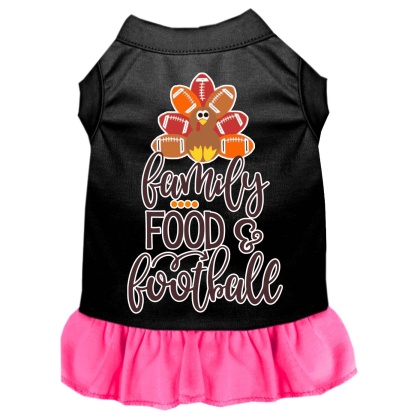 Family, Food, and Football Screen Print Dog Dress Black with Bright Pink Lg