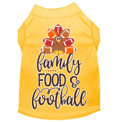 Family, Food, and Football Screen Print Dog Shirt Yellow Lg