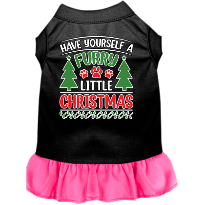 Furry Little Christmas Screen Print Dog Dress Black with Bright Pink Size XS