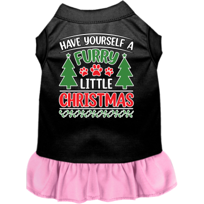 Furry Little Christmas Screen Print Dog Dress Black with Light Pink Size XS