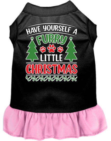 Furry Little Christmas Screen Print Dog Dress Black with Light Pink Size XS