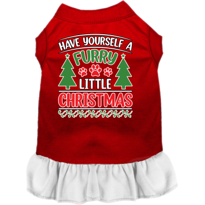 Furry Little Christmas Screen Print Dog Dress Red with White Size XS
