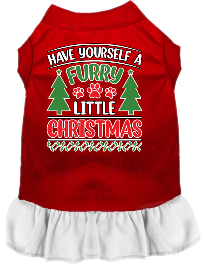 Furry Little Christmas Screen Print Dog Dress Red with White Size XS