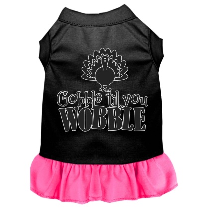 Gobble til You Wobble Screen Print Dog Dress Black with Bright Pink Lg