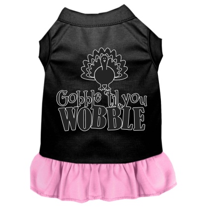 Gobble til You Wobble Screen Print Dog Dress Black with Light Pink Lg