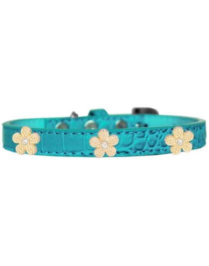 Gold Flower Widget Croc Dog Collar Turquoise Size 10