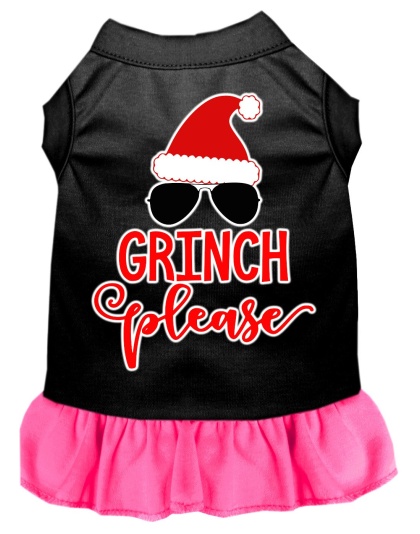 Grinch Please Screen Print Dog Dress Black with Bright Pink Lg