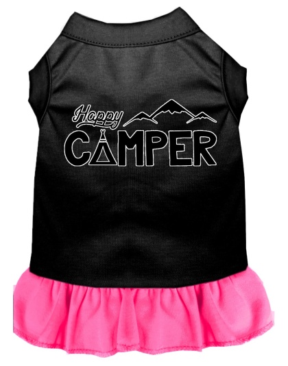 Happy Camper Screen Print Dog Dress Black with Bright Pink Lg