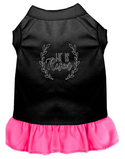 He Is Risen Screen Print Dog Dress Black with Bright Pink Lg