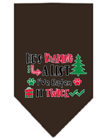 He's Making a List... Screen Print Bandana Cocoa Size Small