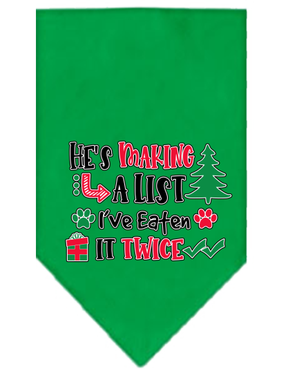 He's Making a List... Screen Print Bandana Emerald Green Size Small