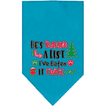 He's Making a List... Screen Print Bandana Turquoise Size Small