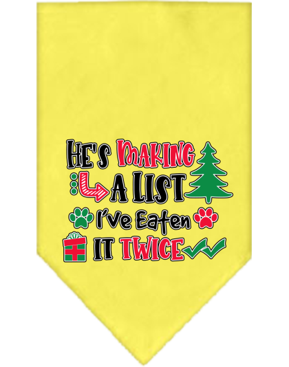 He's Making a List... Screen Print Bandana Yellow Size Small