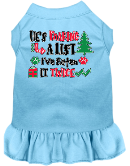 He's Making a List... Screen Print Dog Dress Baby Blue Size XS