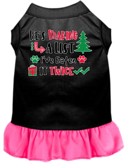 He's Making a List... Screen Print Dog Dress Black with Bright Pink Size XS