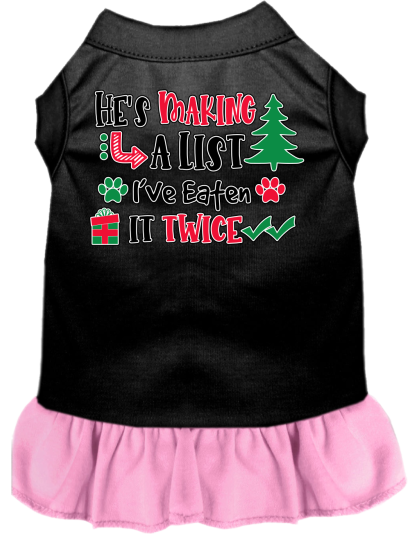 He's Making a List... Screen Print Dog Dress Black with Light Pink Size XS