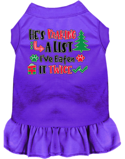 He's Making a List... Screen Print Dog Dress Purple Size XS