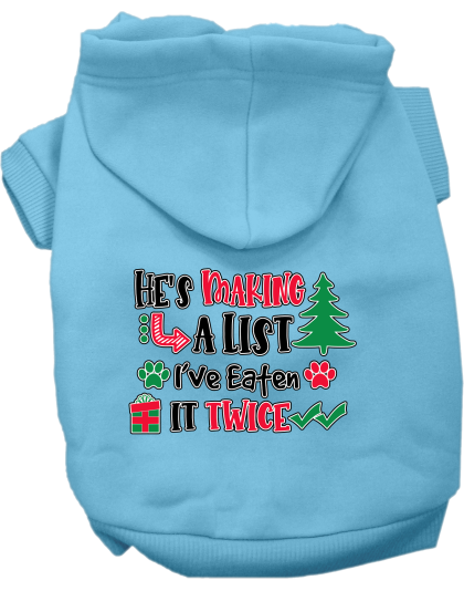 He's Making a List... Screen Print Dog Hoodie Baby Blue Size XS