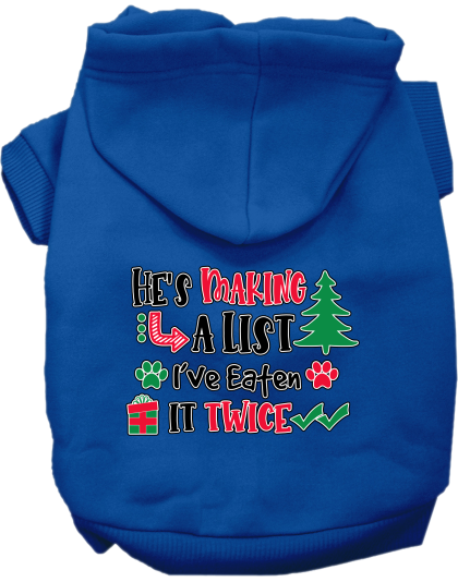He's Making a List... Screen Print Dog Hoodie Blue Size XS