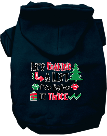 He's Making a List... Screen Print Dog Hoodie Navy Blue Size XS