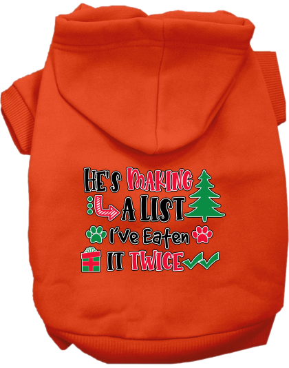 He's Making a List... Screen Print Dog Hoodie Orange Size XS