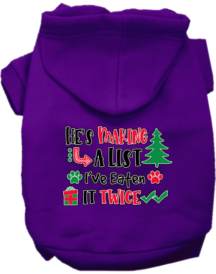 He's Making a List... Screen Print Dog Hoodie Purple Size XS