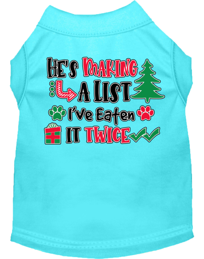 He's Making a List... Screen Print Dog Shirt Aqua Size XS