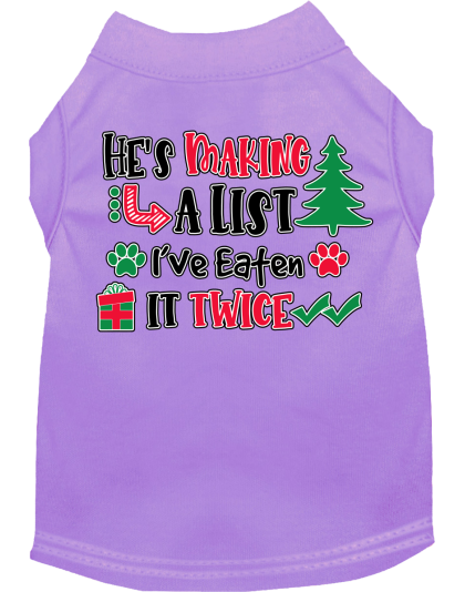 He's Making a List... Screen Print Dog Shirt Lavender Size XS