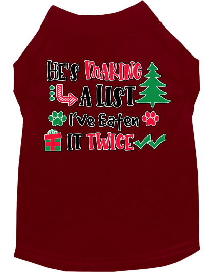 He's Making a List... Screen Print Dog Shirt Maroon Size XS