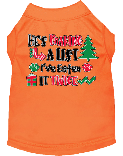 He's Making a List... Screen Print Dog Shirt Orange Size XS