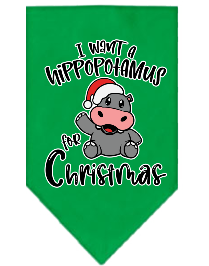 Hippo for Christmas Screen Print Bandana Emerald Green Size Small