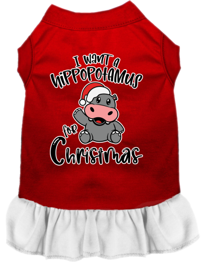 Hippo for Christmas Screen Print Dog Dress Red with White Size XS