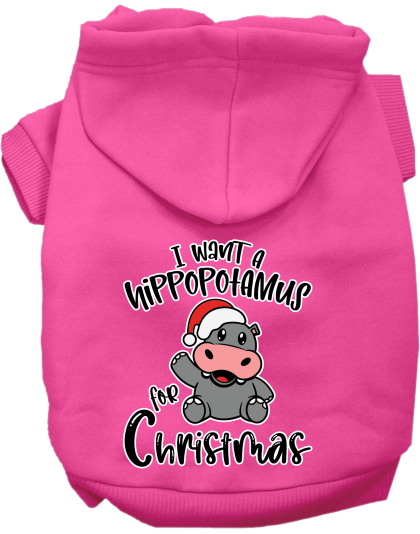 Hippo for Christmas Screen Print Dog Hoodie Bright Pink Size XS