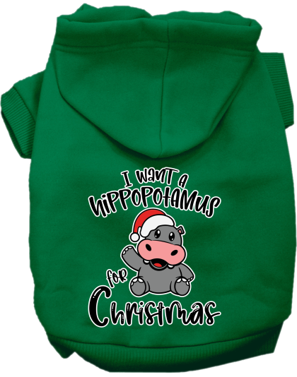 Hippo for Christmas Screen Print Dog Hoodie Emerald Green Size XS