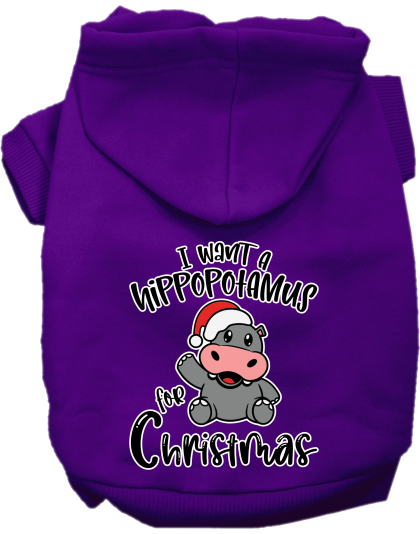 Hippo for Christmas Screen Print Dog Hoodie Purple Size XS