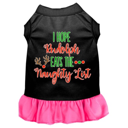 Hope Rudolph Eats Naughty List Screen Print Dog Dress Black with Bright Pink Lg