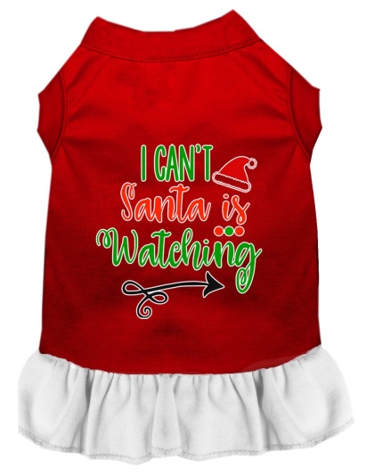 I Can't, Santa is Watching Screen Print Dog Dress Red with White Lg