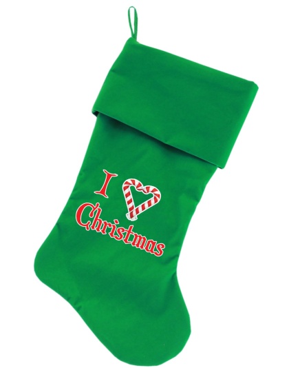 I Heart Christmas Screen Print 18 inch Velvet Christmas Stocking Green
