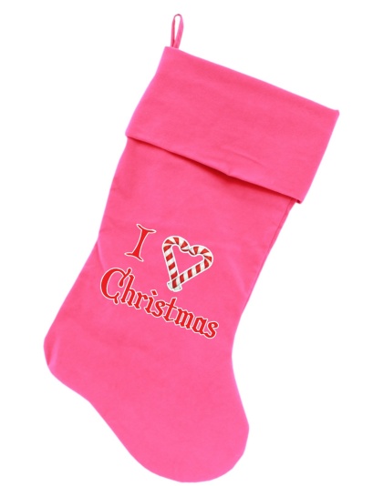 I Heart Christmas Screen Print 18 inch Velvet Christmas Stocking Pink