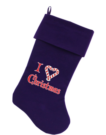I Heart Christmas Screen Print 18 inch Velvet Christmas Stocking Purple