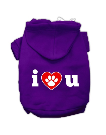 I Love U Screen Print Pet Hoodies Purple Size Lg